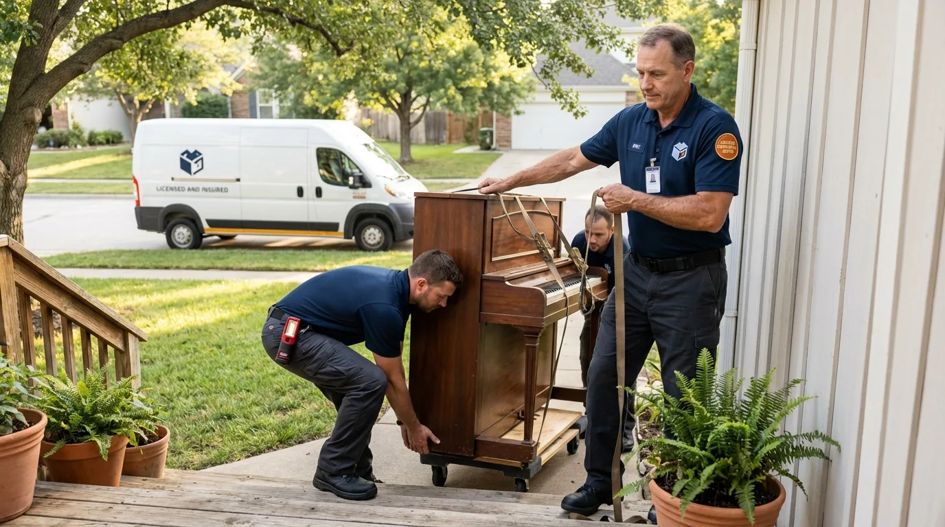 Licensed piano movers securing grand piano in Edgewater, NJ