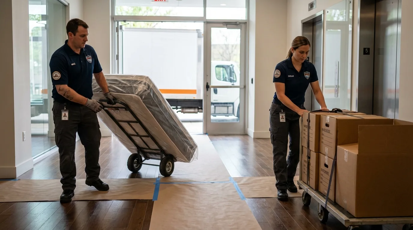 Professional apartment movers loading elevator in Edgewater, NJ